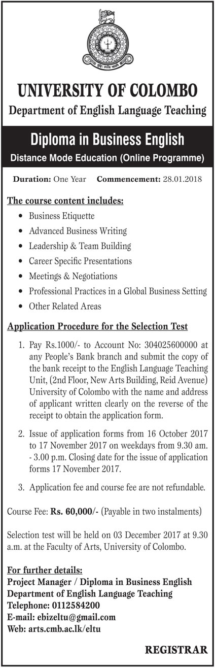 Diploma in Business English - Department of English Language Teaching - University of Colombo